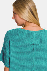 Zenana Women's Trendy Drop Shoulder Jacquard Knit Top - Short Sleeve Casual Blouse